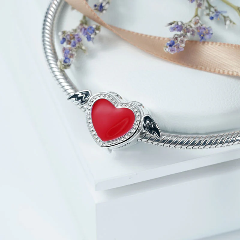 Gnoce "Tu es Mon Ange" Perle de Photo Personnalisée en Argent Sterling 925 Émail Rouge Forme de Cœur Aile - Image 2