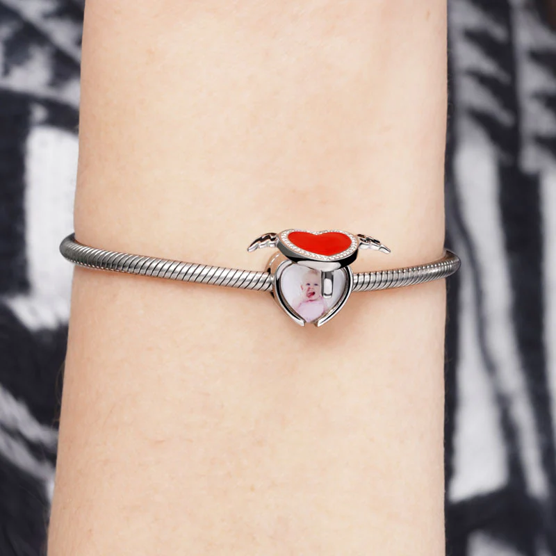 Gnoce "Tu es Mon Ange" Perle de Photo Personnalisée en Argent Sterling 925 Émail Rouge Forme de Cœur Aile - Image 3