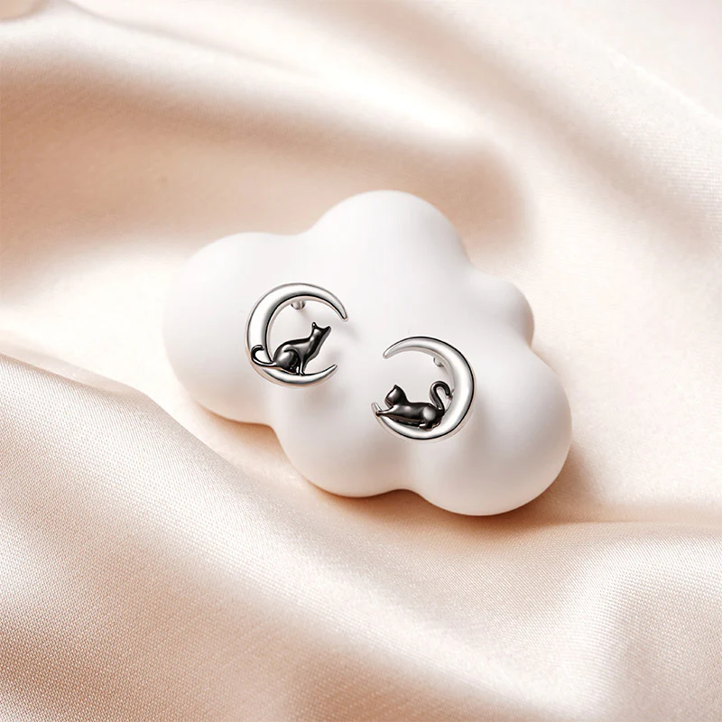 Gnoce Boucles d'oreilles en forme de lune de chat noir Alliage argent plaqué platine - Image 2