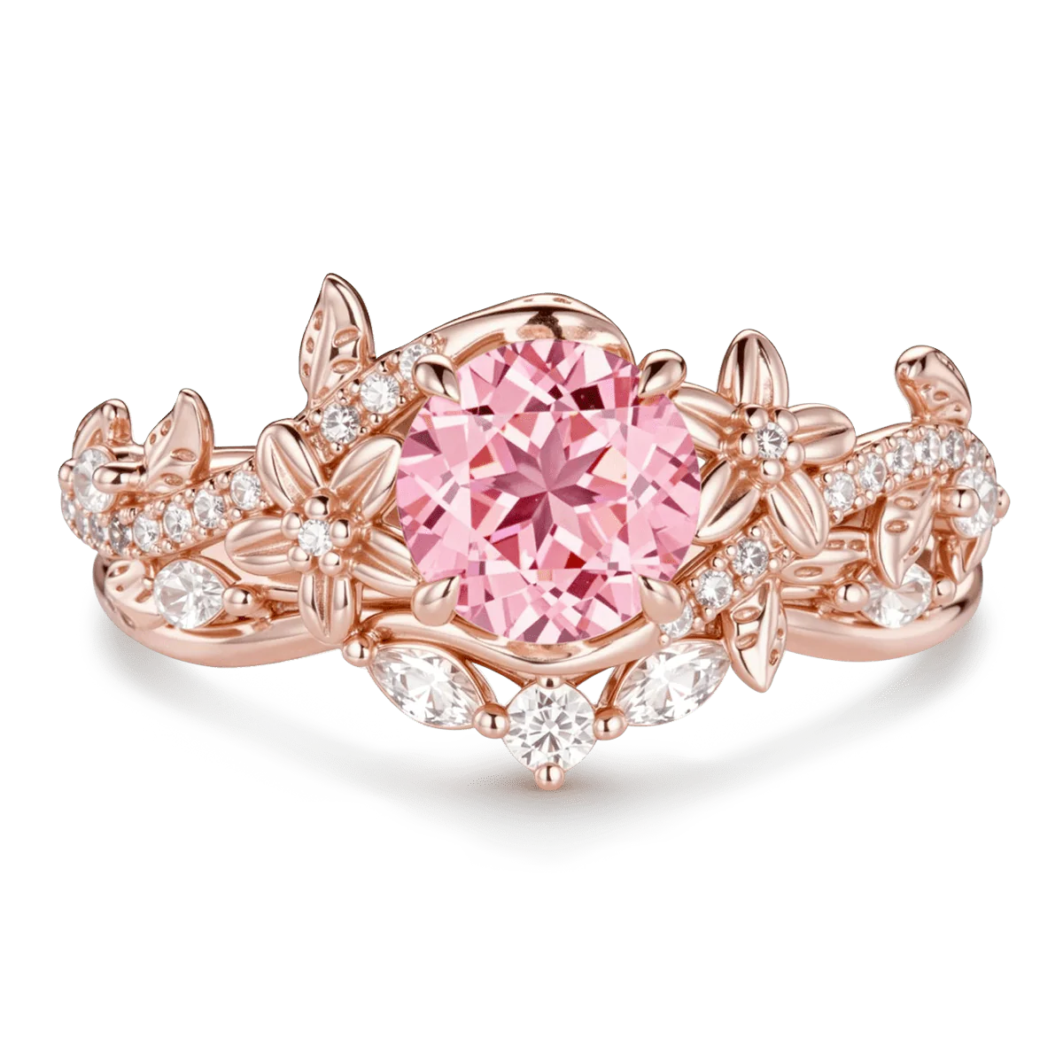 Gnoce Bague de fiançailles ensemble inspiré de la nature, fleur et vigne, pierre ronde