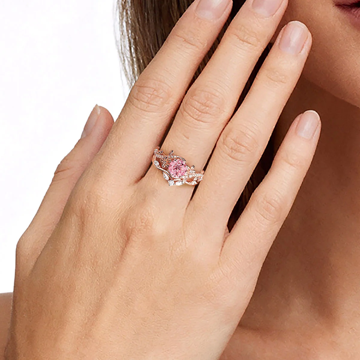 Gnoce Bague de fiançailles ensemble inspiré de la nature, fleur et vigne, pierre ronde - Image 3