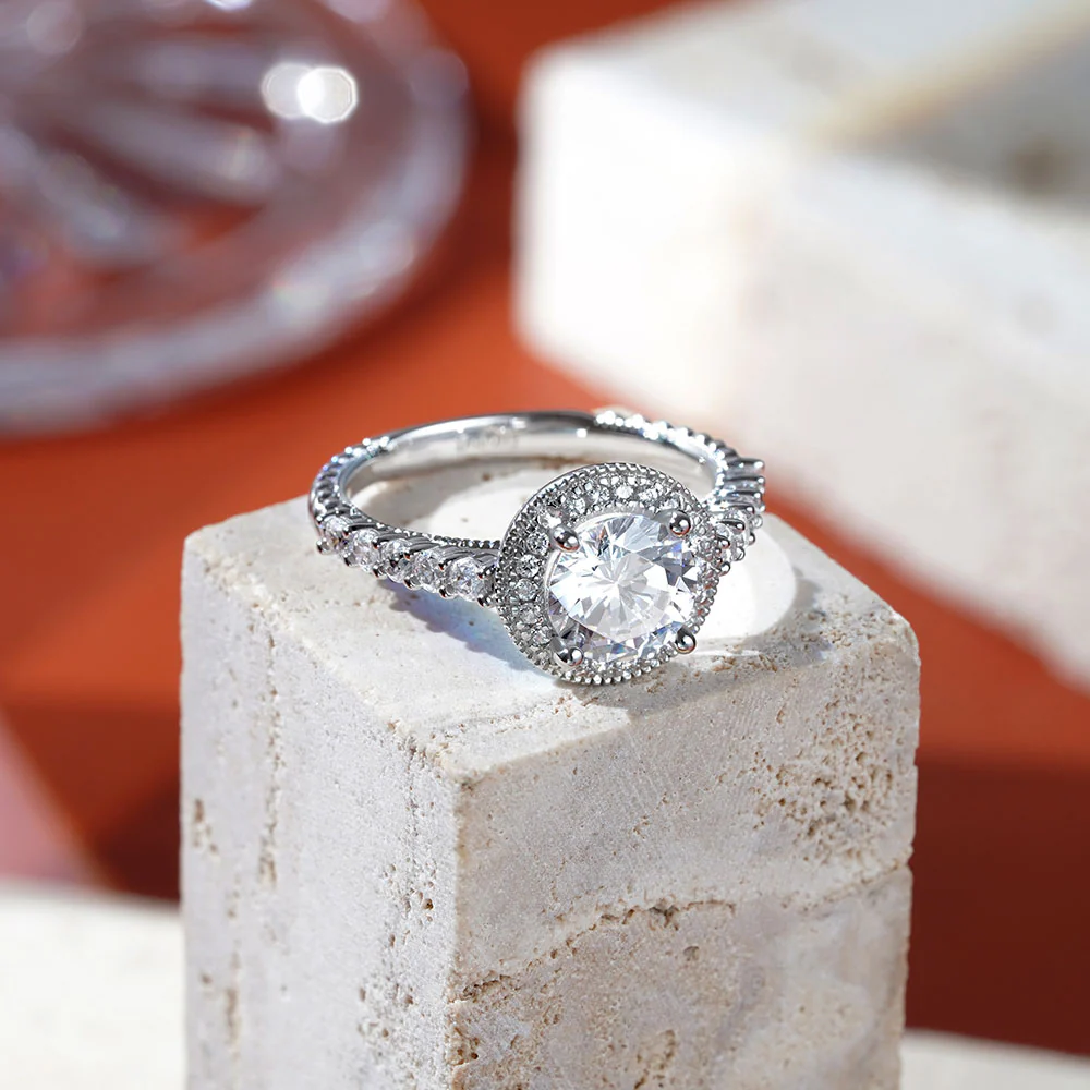 Gnoce Bague halo à taille ronde en milgrain Alliage argent plaqué platine - Image 5