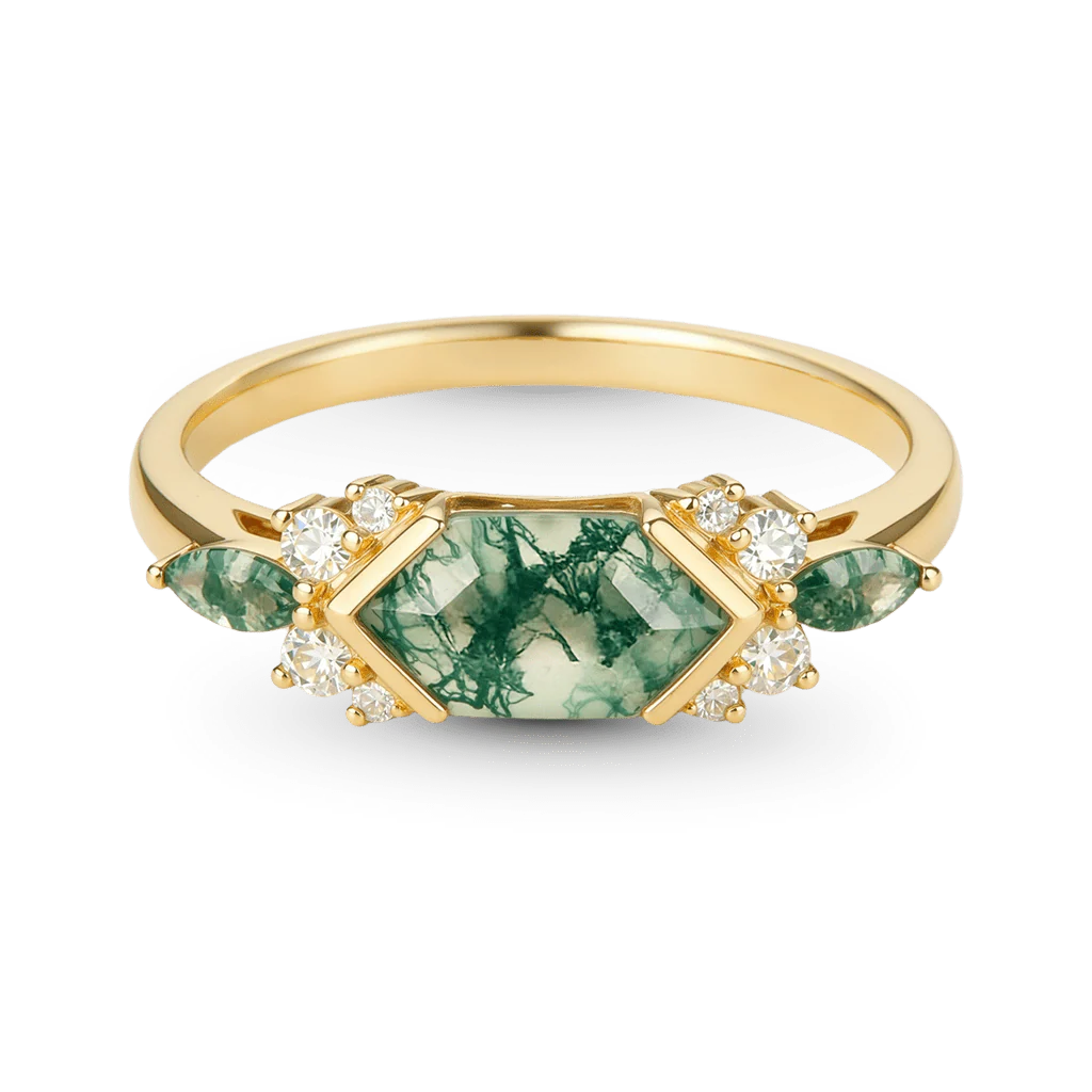 Gnoce Bague longue hexagonale Agate Mousse de fiançailles