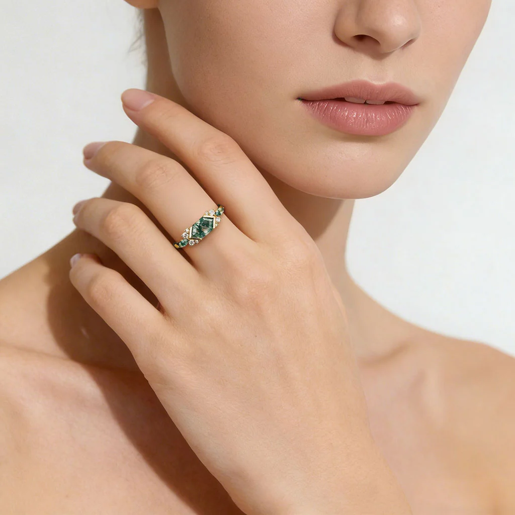 Gnoce Bague longue hexagonale Agate Mousse de fiançailles - Image 2