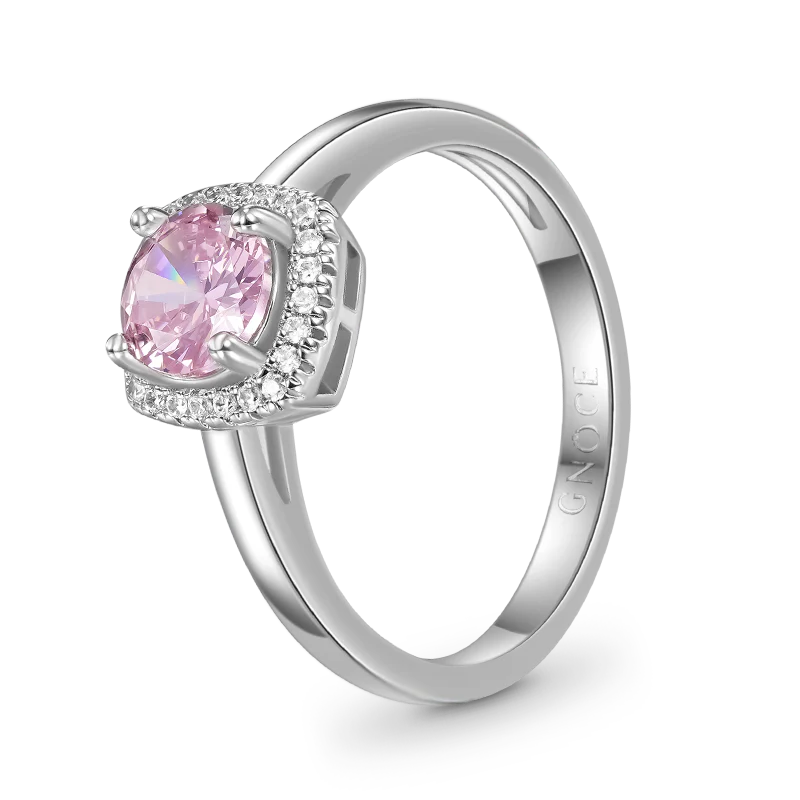 Gnoce Bague de promesse ronde taillée scintillante rose Alliage argent plaqué platine - Image 2
