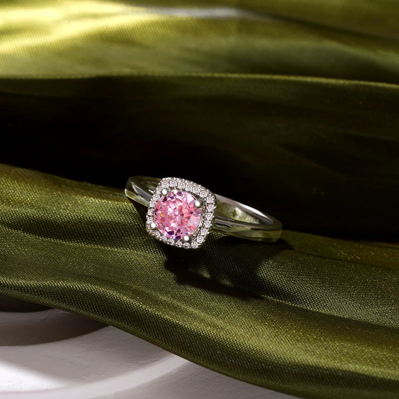 Gnoce Bague de promesse ronde taillée scintillante rose Alliage argent plaqué platine - Image 3