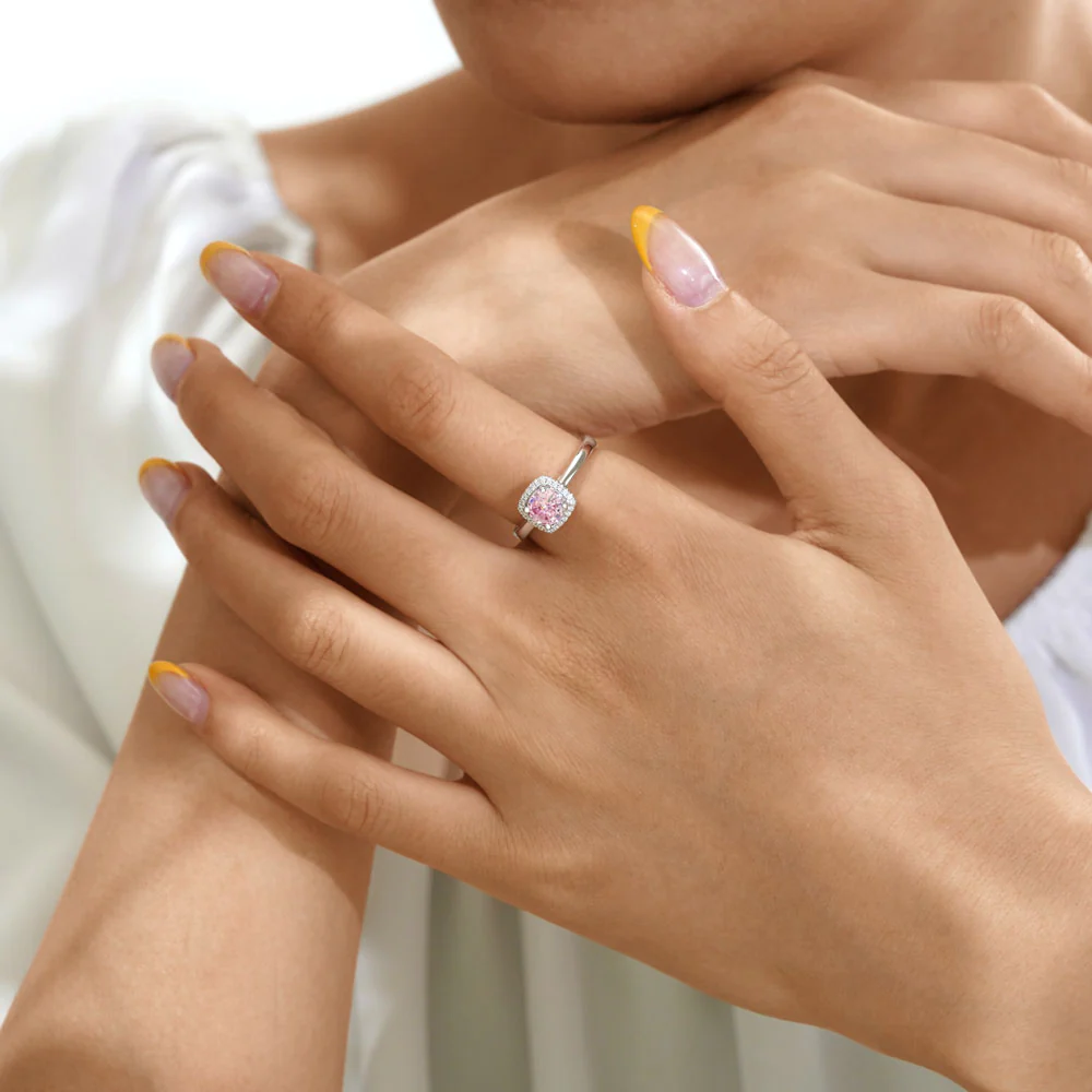 Gnoce Bague de promesse ronde taillée scintillante rose Alliage argent plaqué platine - Image 4