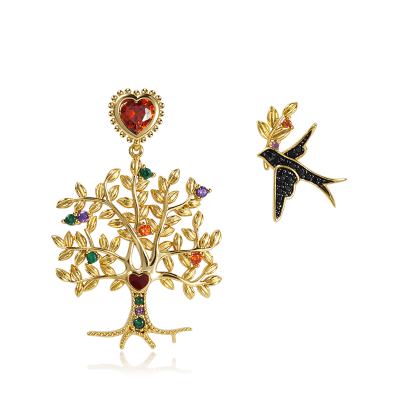 Gnoce Boucles d'oreilles Arbre de Vie & Hirondelle Alliage argent plaqué platine